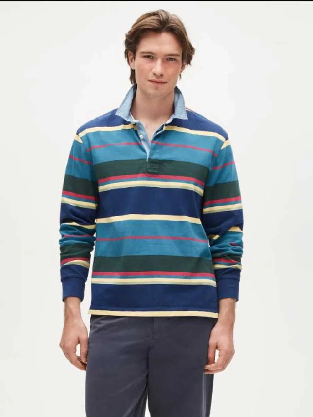 New L J.Crew Rugby longsleeve polo shirt in stripe with denim collar
